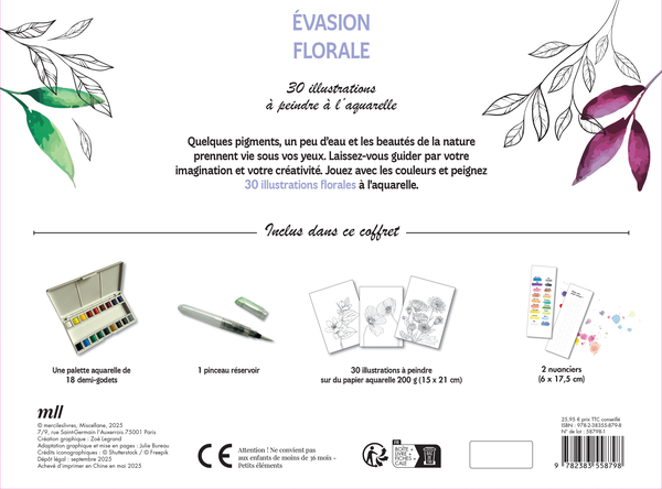 Coffret - Évasion florale - 30 illustrations à peindre à l'aquarelle