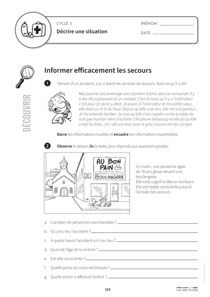 Les Fiches de l'école - Apprendre à porter secours Cycles 1, 2, et 3