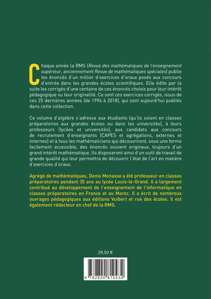 Concours CPGE scientifiques - Oral de mathématiques des grandes écoles - Algèbre vol. 1