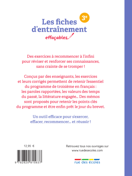 Les fiches d'entraînement effaçables - Français - Brevet 3e
