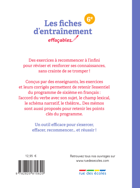 Les fiches d'entraînement effaçables - Français - 6e